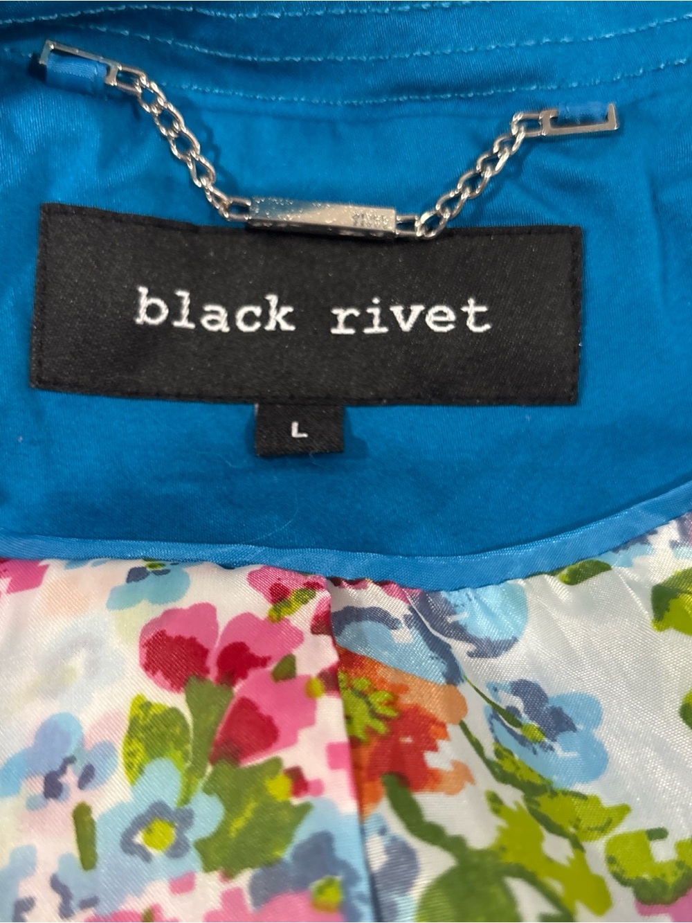Black Rivet Bright Teal Floral-Lined Trench Jacket - Picture 8 of 8